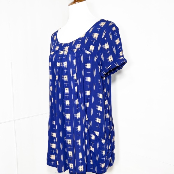 Anthropologie Cobalt Blue Check Print Short Sleeve Pocket Babydoll Top - Picture 5 of 10
